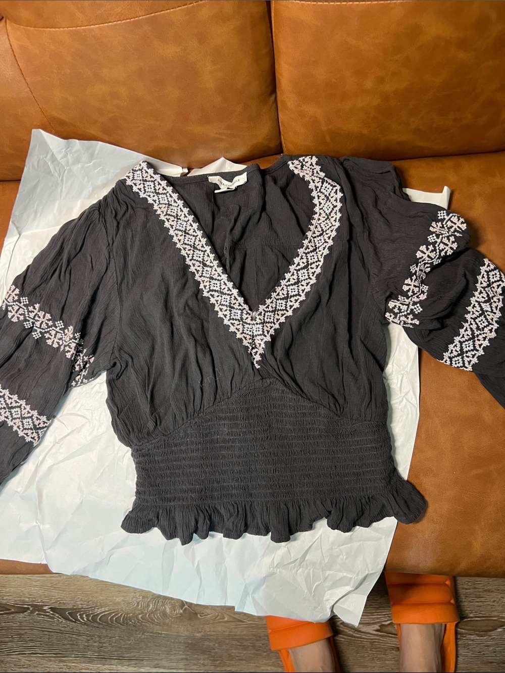 American Eagle Outfitters Black Peasant Tunic with White Embroidered Trim - Picture 2 of 4